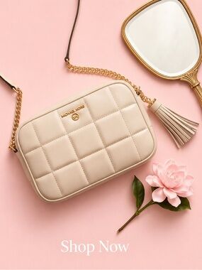 Michael Kors Beige Quilted Crossbody with Gold Chain Tassel camera bag
